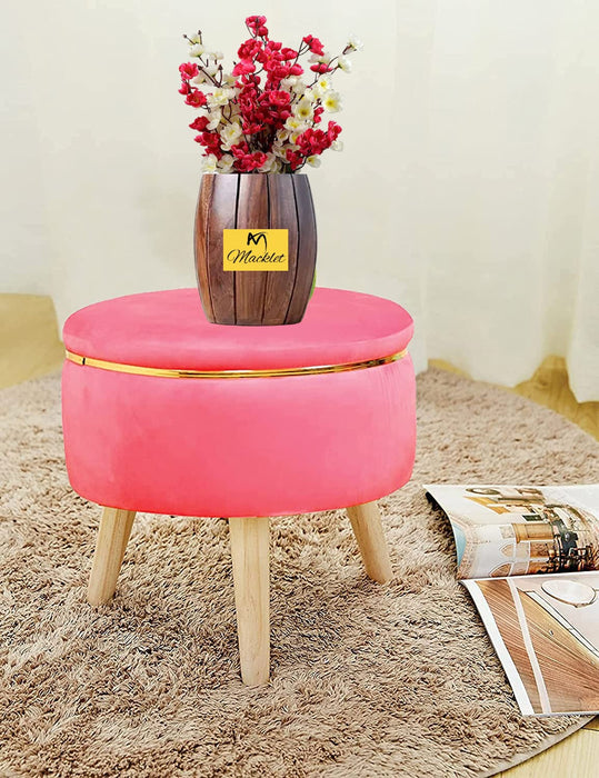 Macklet Beautiful Velvet Puffy Stool for Living Room/ Footstool Ottoman with Wooden Legs/Foot Stool for Office/Sitting Stool for Bedroom, Kitchen.(Coffee)