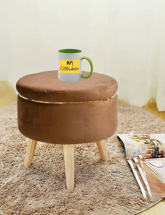 Macklet Beautiful Velvet Puffy Stool for Living Room/ Footstool Ottoman with Wooden Legs/Foot Stool for Office/Sitting Stool for Bedroom, Kitchen.(Coffee)