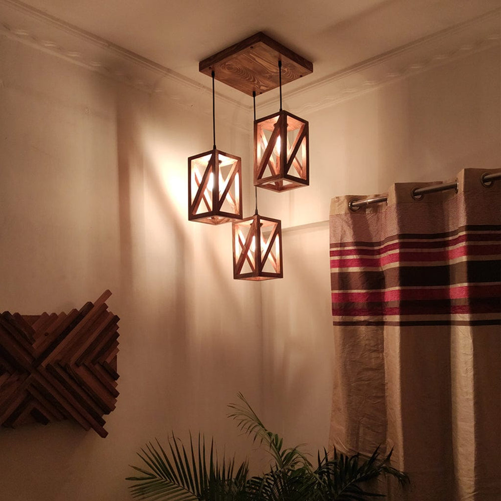 Symmetric Brown Wooden Cluster Hanging Lamp