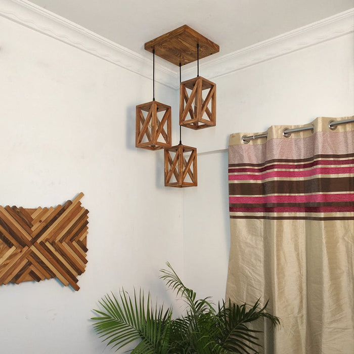 Symmetric Brown Wooden Cluster Hanging Lamp