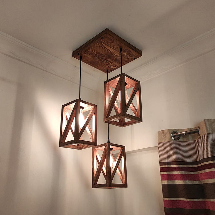 Symmetric Brown Wooden Cluster Hanging Lamp