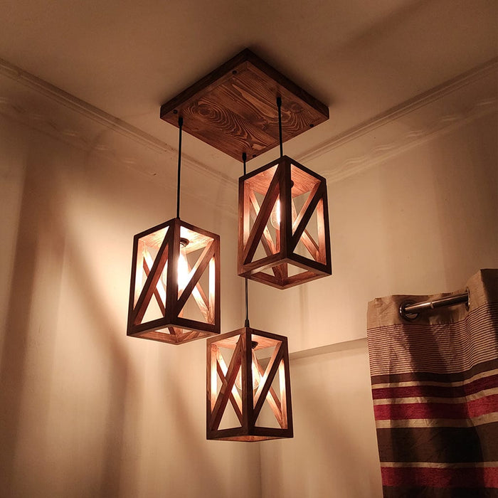 Symmetric Brown Wooden Cluster Hanging Lamp