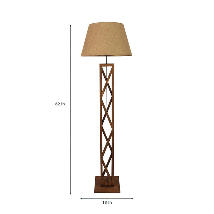 Symmetric Wooden Floor Lamp with Premium Beige Fabric Lampshade