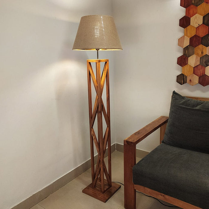 Symmetric Wooden Floor Lamp with Premium Beige Fabric Lampshade