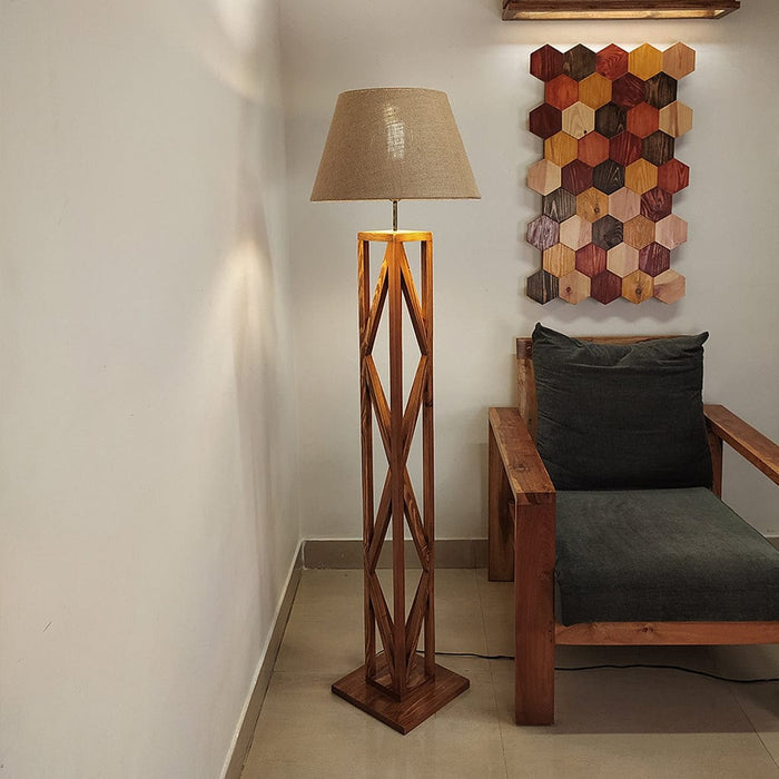 Symmetric Wooden Floor Lamp with Premium Beige Fabric Lampshade