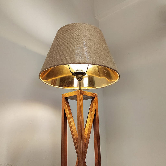 Symmetric Wooden Floor Lamp with Premium Beige Fabric Lampshade