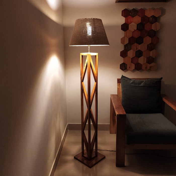 Symmetric Wooden Floor Lamp with Premium Beige Fabric Lampshade