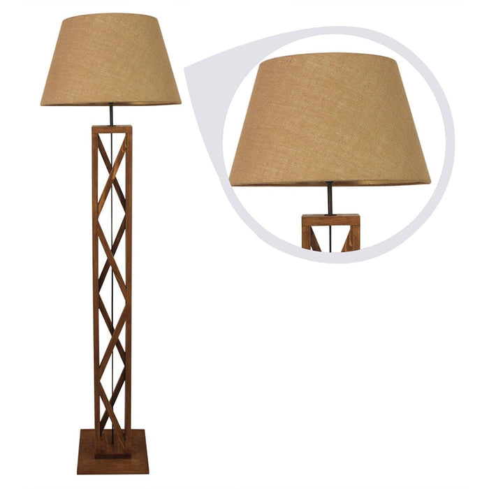 Symmetric Wooden Floor Lamp with Premium Beige Fabric Lampshade