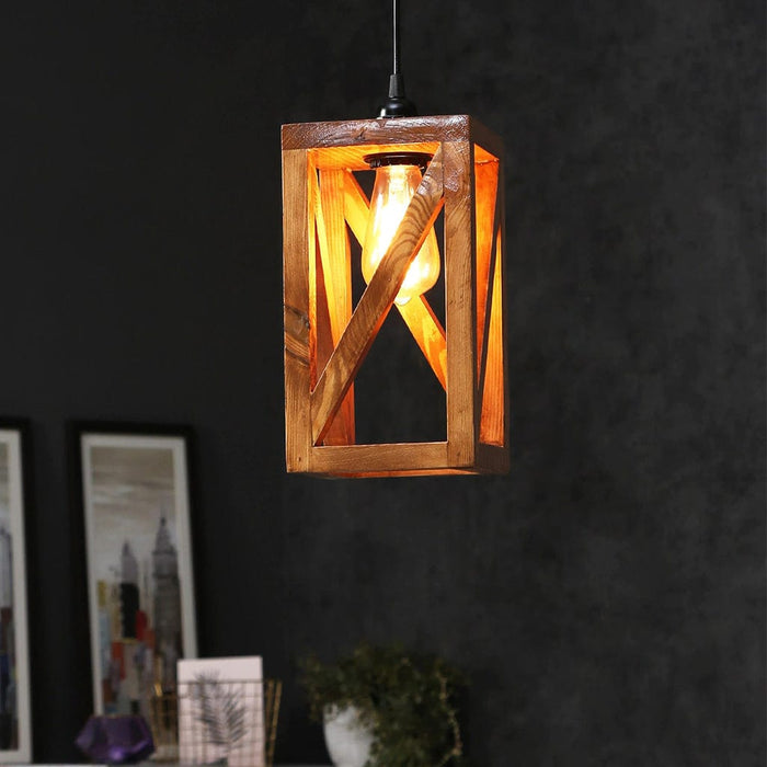 Symmetric Brown Wooden Single Hanging Lamp