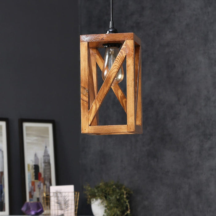 Symmetric Brown Wooden Single Hanging Lamp