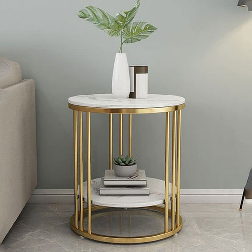 Macklet Round Coffee and Side Accent End Table for Living Room with Metal & Engineered Wood Tabletop and Metal Frame Gold Powder Coated-White-Gold