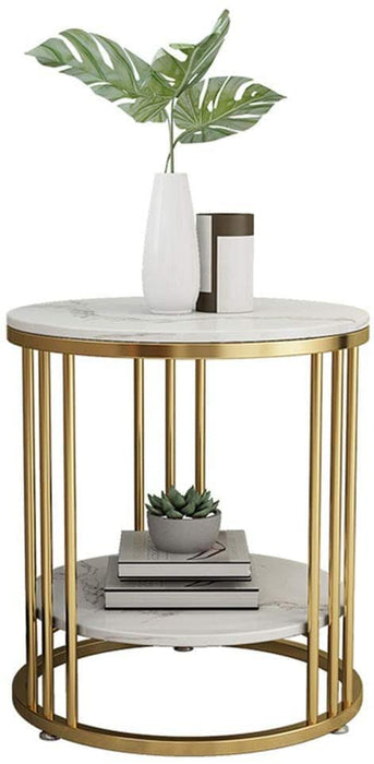 Macklet Round Coffee and Side Accent End Table for Living Room with Metal & Engineered Wood Tabletop and Metal Frame Gold Powder Coated-White-Gold