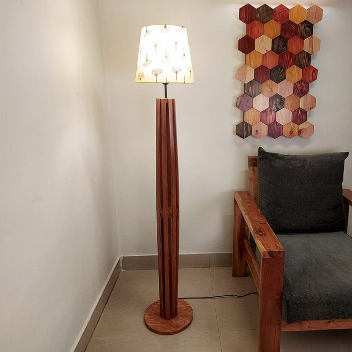 Tall Boy Wooden Floor Lamp With Yellow Printed Fabric Lampshade