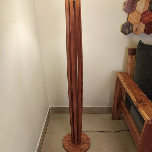 Tall Boy Wooden Floor Lamp With Yellow Printed Fabric Lampshade