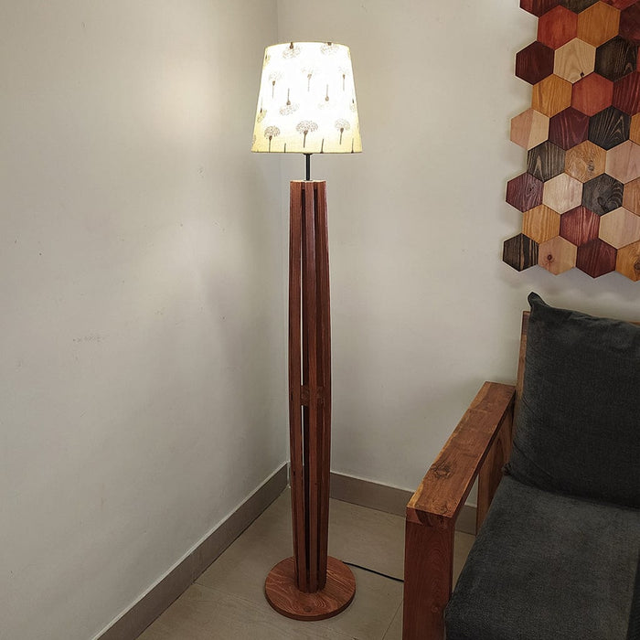 Tall Boy Wooden Floor Lamp With Yellow Printed Fabric Lampshade