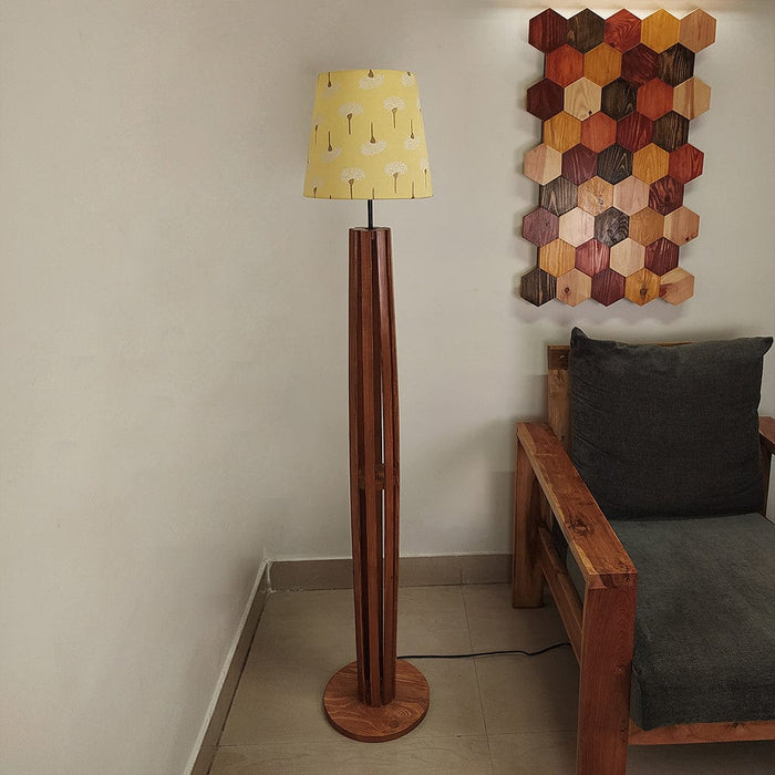 Tall Boy Wooden Floor Lamp With Yellow Printed Fabric Lampshade