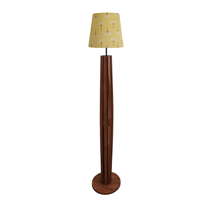 Tall Boy Wooden Floor Lamp With Yellow Printed Fabric Lampshade
