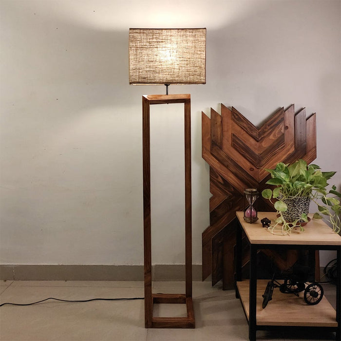 Zed Wooden Floor Lamp with Brown Base and Beige Fabric Lampshade