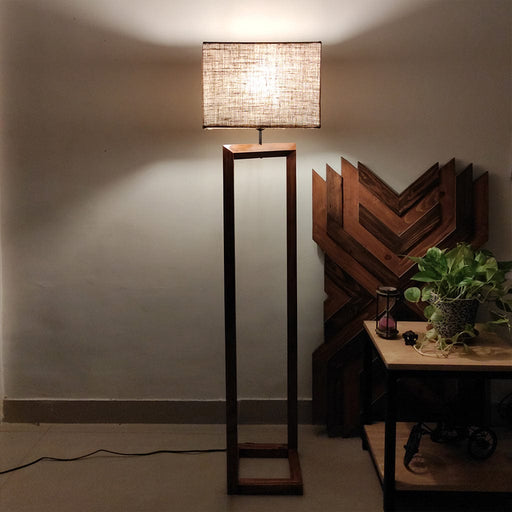 Zed Wooden Floor Lamp with Brown Base and Beige Fabric Lampshade