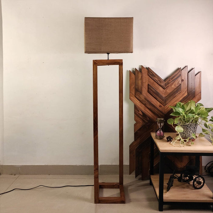 Zed Wooden Floor Lamp with Brown Base and Beige Fabric Lampshade