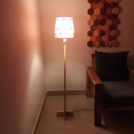 Sputnik Wooden Floor Lamp with Brown Base and Beige Fabric Lampshade