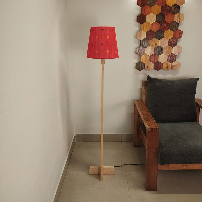 Sputnik Wooden Floor Lamp with Brown Base and Beige Fabric Lampshade