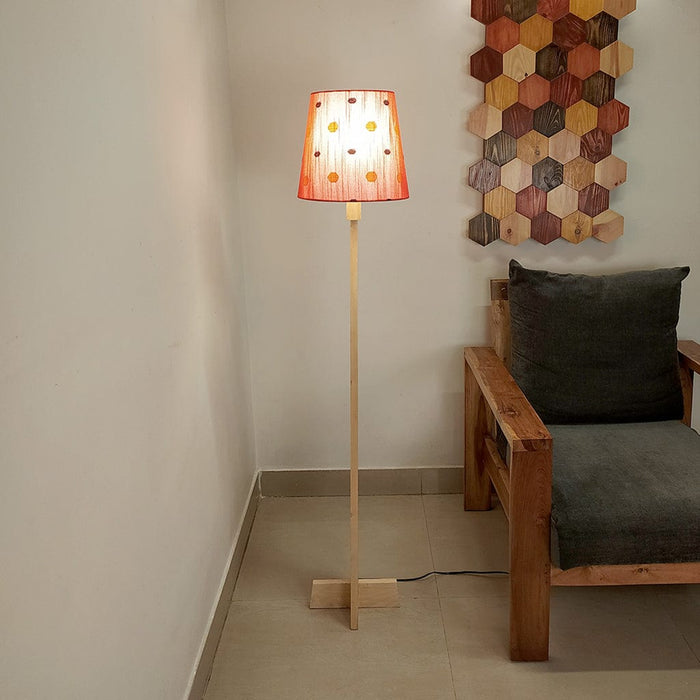 Sputnik Wooden Floor Lamp with Brown Base and Beige Fabric Lampshade