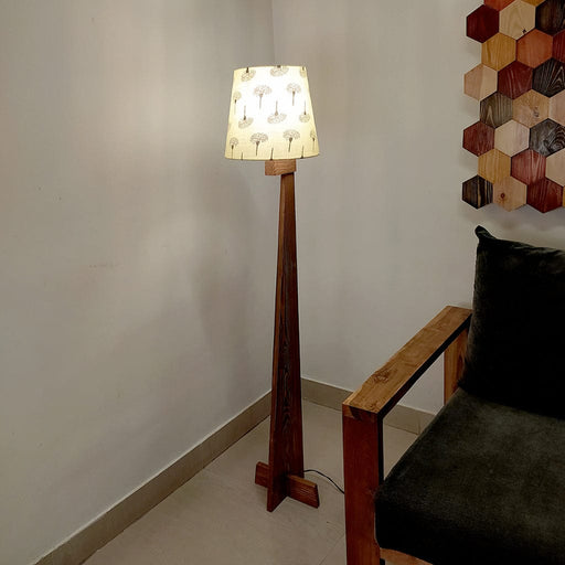 Moonwalker Wooden Floor Lamp with Brown Base and Premium Beige Fabric Lampshade
