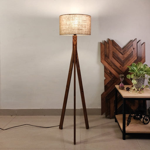 Elementary Wooden Floor Lamp with Brown Base and White Fabric Lampshade