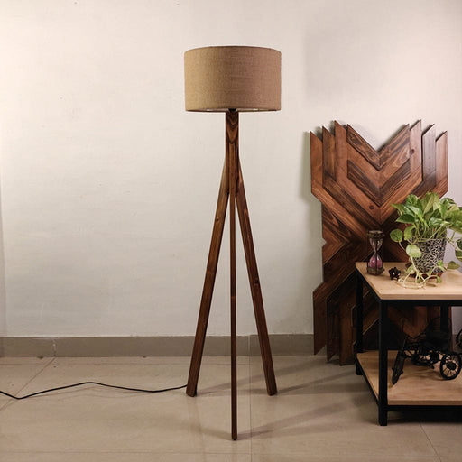 Elementary Wooden Floor Lamp with Brown Base and White Fabric Lampshade