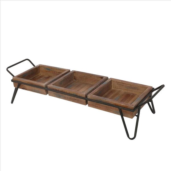 Decorative Serving Tray With 3 Segregated Cubbies And Metal Base, Brown