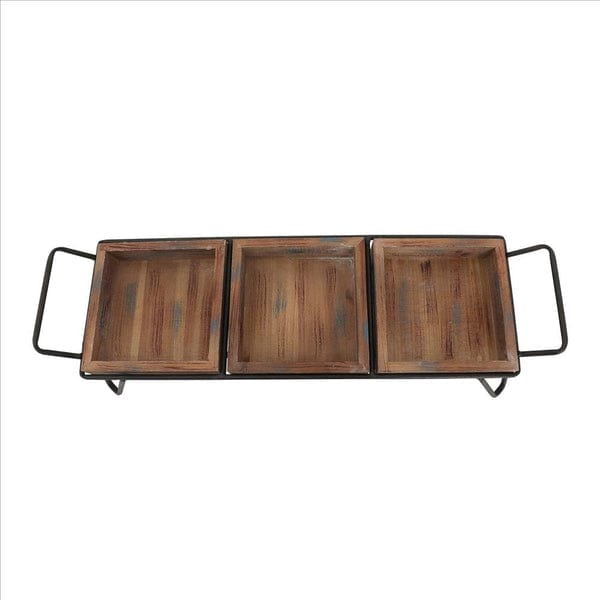 Decorative Serving Tray With 3 Segregated Cubbies And Metal Base, Brown