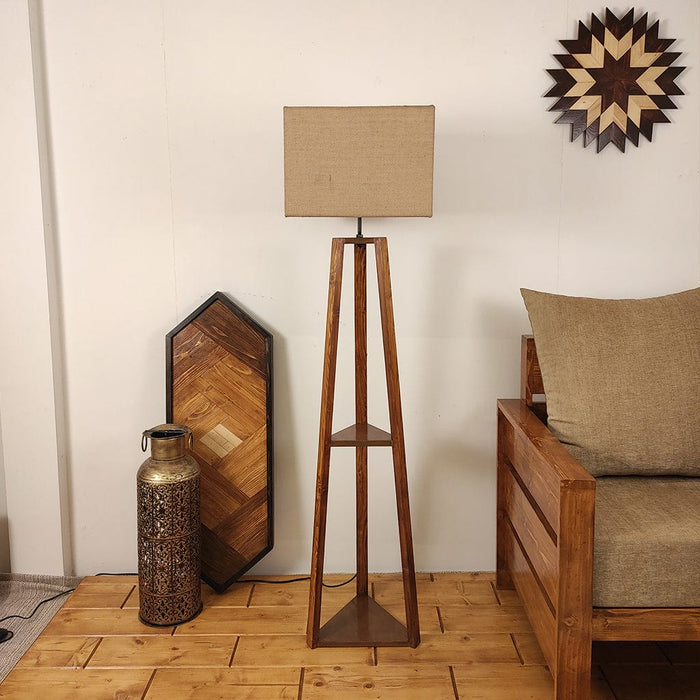 Vantage Wooden Floor Lamp with Brown Base and Jute Fabric Lampshade