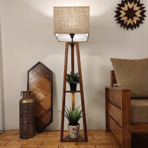 Vantage Wooden Floor Lamp with Brown Base and Jute Fabric Lampshade