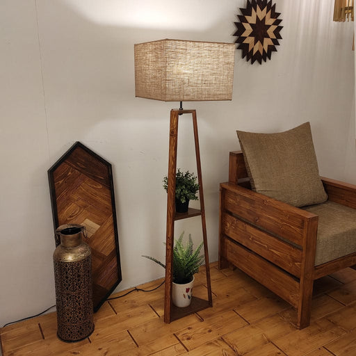 Vantage Wooden Floor Lamp with Brown Base and Jute Fabric Lampshade