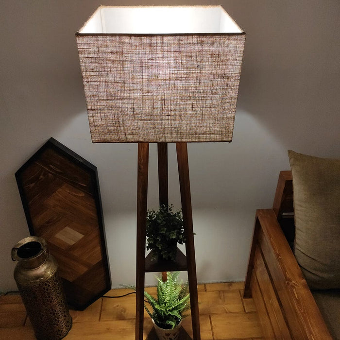 Vantage Wooden Floor Lamp with Brown Base and Jute Fabric Lampshade
