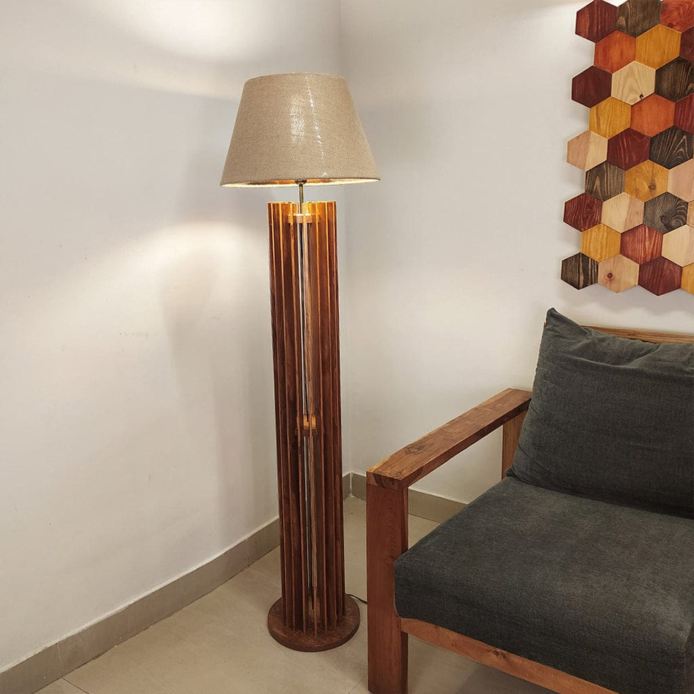 Ventus Wooden Floor Lamp with Premium Beige Fabric Lampshade