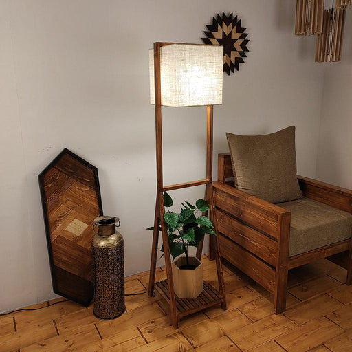 Victoria Wooden Floor Lamp with Brown Base and Jute Fabric Lampshade