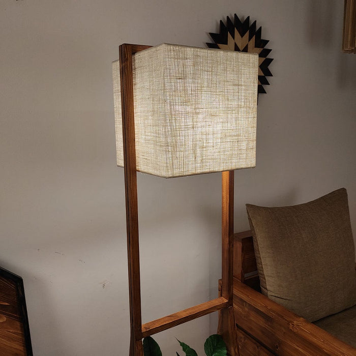 Victoria Wooden Floor Lamp with Brown Base and Jute Fabric Lampshade