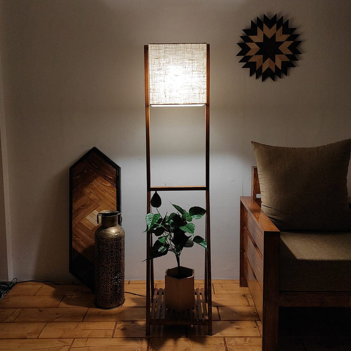 Victoria Wooden Floor Lamp with Brown Base and Jute Fabric Lampshade