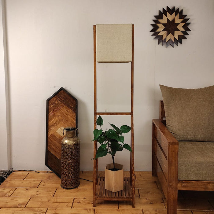 Victoria Wooden Floor Lamp with Brown Base and Jute Fabric Lampshade