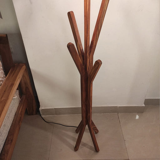 Bastian Wooden Floor Lamp with Brown Base and White Fabric Lampshade