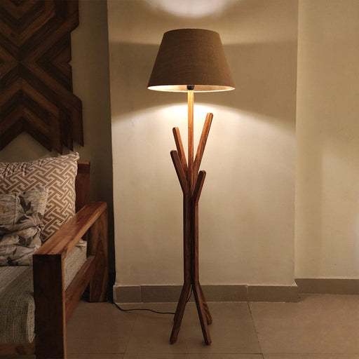 Bastian Wooden Floor Lamp with Brown Base and White Fabric Lampshade