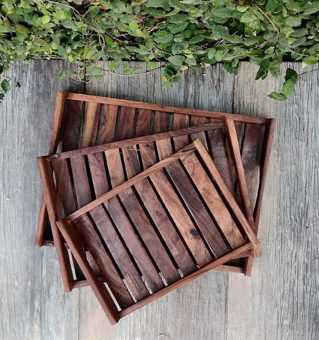 SHEESHAM WOOD STRIP TRAY SET OF 3