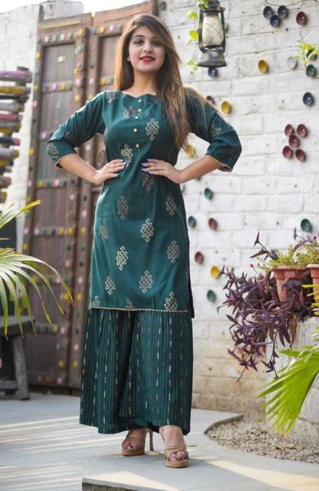 Stylish Rayon Printed Kurta With  Sharara Set