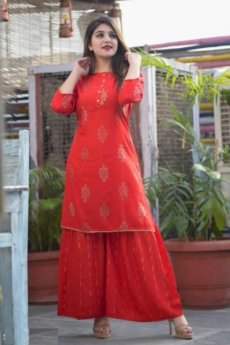 Stylish Rayon Printed Kurta With  Sharara Set