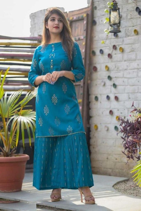 Stylish Rayon Printed Kurta With  Sharara Set