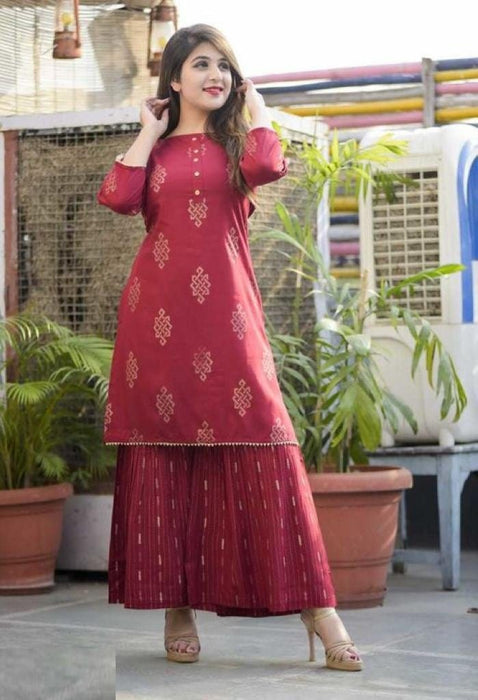 Stylish Rayon Printed Kurta With  Sharara Set