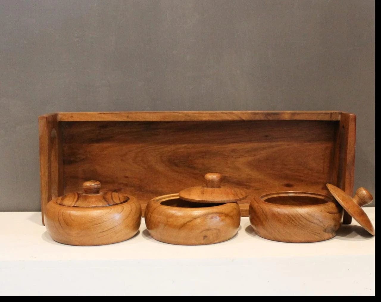 SERVING POTS WITH TRAY II WOODEN REFRESHMENT JARS II WOODEN