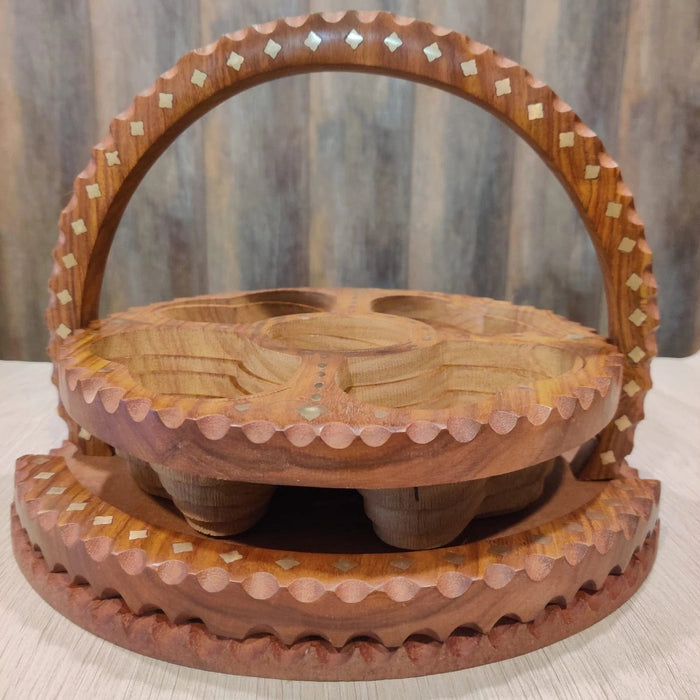 WOODEN BEAUTIFUL DRY FRUIT FOLDABLE BASKET ROUND SHAPE  4 PART